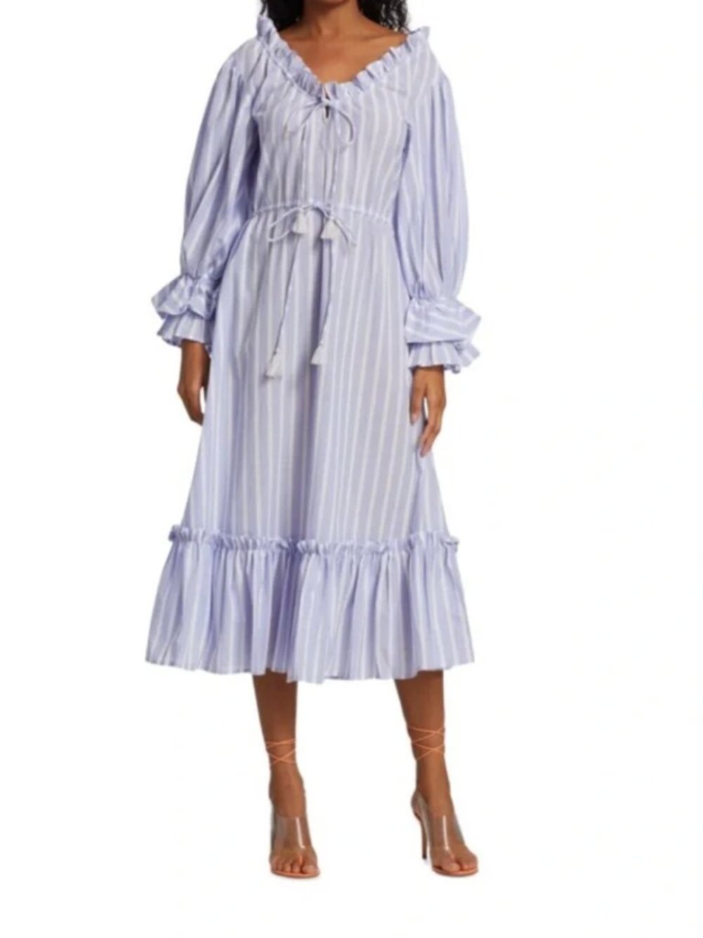 Mille Linnea Dress Periwinkle Stripe Midi Ruffle Cotton Size L
